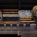 Modern Café Interior With Bar Counter High Chairs And Dragon Pattern Wall Art