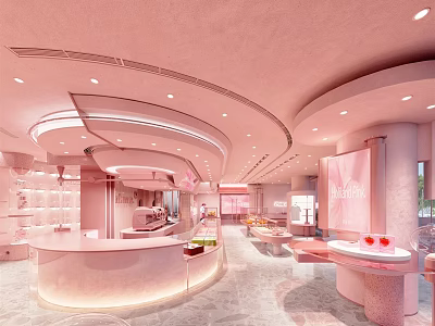 Pink Dessert Shop Interior Design With Curved Ceiling Counter And Display Area 3d model