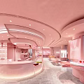 Pink Dessert Shop Interior Design With Curved Ceiling Counter And Display Area