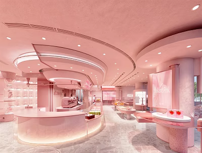 Pink Dessert Shop Interior Design With Curved Ceiling Counter And Display Area 3d model