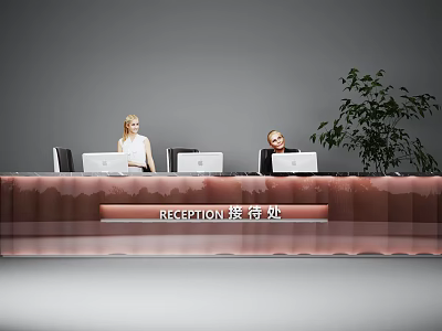 Interior View Of Modern Reception Desk With Receptionists Computers And Green Plant 3d model