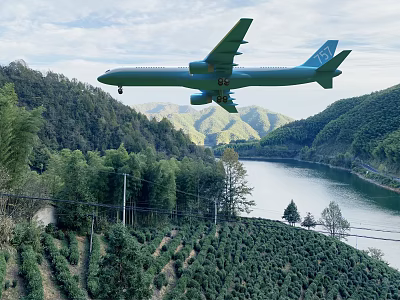 Green Passenger Plane Flying Over Scenic Mountains River And Green Farmland 3d model