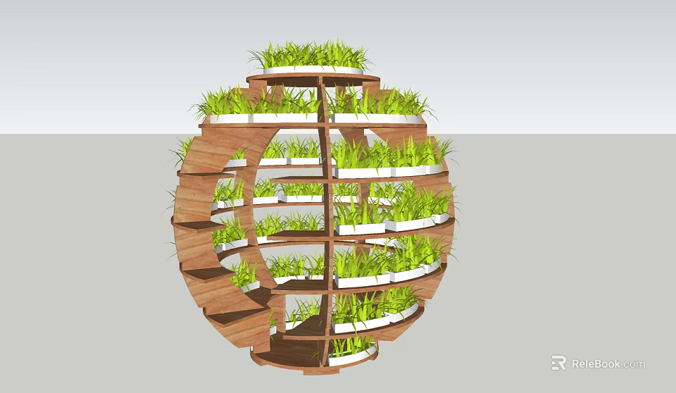 Garden Decor Spiral Wooden Plant Stand With Multi Tiered Shelves And Lush Green Plants 3d model 