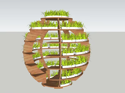 Garden Decor Spiral Wooden Plant Stand With Multi Tiered Shelves And Lush Green Plants 3d model