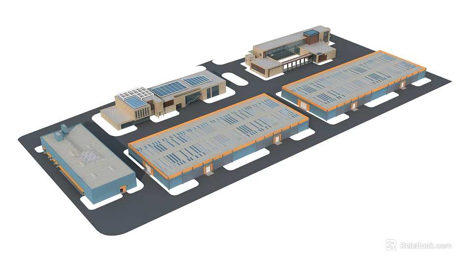 Industrial Factory Layout With Multiple Large Warehouse Buildings And Skylight Roofs 3d model
