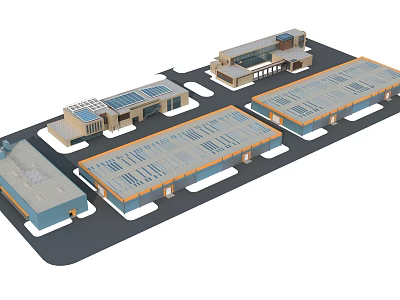 Industrial Factory Layout With Multiple Large Warehouse Buildings And Skylight Roofs 3d model