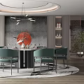 Elegant Restaurant Interior With Round Dining Table Green Chairs And Red Circular Artwork 3d model