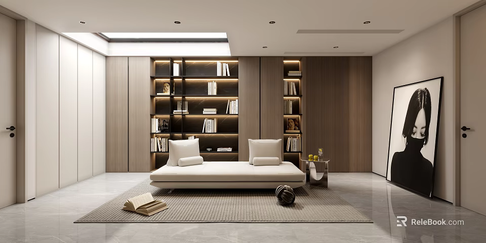 Modern Cozy Relaxation Area With Wooden Bookshelves Beige Sofa Bed And Decorative Rug 3d model 