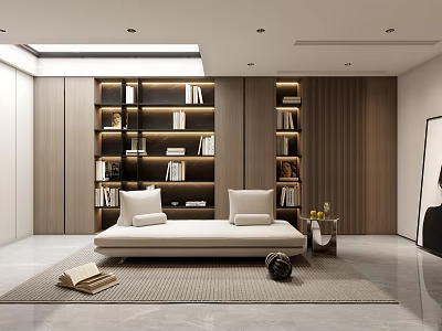 Modern Cozy Relaxation Area With Wooden Bookshelves Beige Sofa Bed And Decorative Rug 3d model