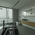 Modern Bathroom Interior Design With Bathtub Shower Blinds Gray Walls And Wooden Vanity
