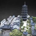 Traditional Chinese Ancient Architecture with Multi Tiered Tower Curved Roofs Surrounding Buildings and Green Trees