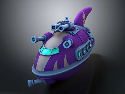 Cartoon Style Purple Shark Like Vehicle With Binoculars Cannons And Glowing Green Windows 3d model