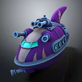 Cartoon Style Purple Shark Like Vehicle With Binoculars Cannons And Glowing Green Windows
