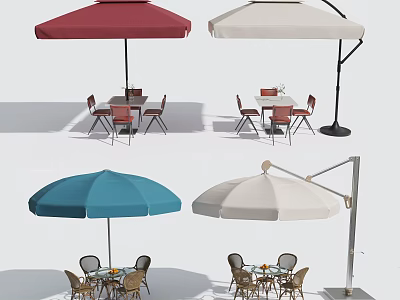 Outdoor Table Set With Red White Blue Umbrellas And Matching Chairs 3d model