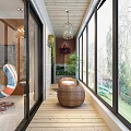 Villa Balcony with Wooden Floor Glass Doors Rattan Round Table Green Plants and Garden View