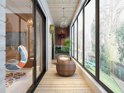 Villa Balcony with Wooden Floor Glass Doors Rattan Round Table Green Plants and Garden View 3d model