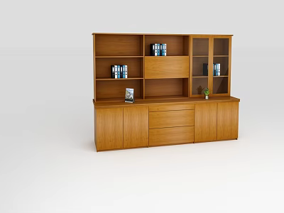 Wooden Bookcase With Multiple Shelves Storage Drawers And Glass Door Cabinets 3d model