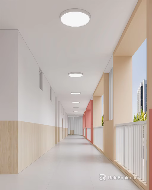 Modern Elevator Hallway With White And Light Wood Walls Circular Ceiling Lights And Windows 3d model 