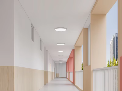Modern Elevator Hallway With White And Light Wood Walls Circular Ceiling Lights And Windows 3d model