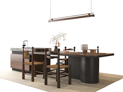 Modern Dining Table Set With Wooden Chairs Pendant Light And Decorative Branch 3d model