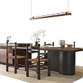 Modern Dining Table Set With Wooden Chairs Pendant Light And Decorative Branch