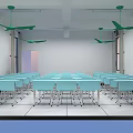 Modern School Classroom Featuring Green Ceiling Fans Blue Desks and Wall Art