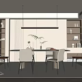 Modern Restaurant Interior With Dining Table Chairs Hanging Light And Display Shelves 3d model