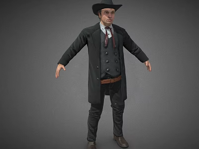 A Man Wearing Black Hat Long Coat Vest Tie Black Pants And Brown Shoes Standing 3d model