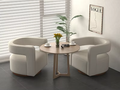 Curved White Chairs And Round Wooden Table With Yellow Flowers Cups Blinds VOGUE Poster 3d model