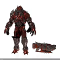 Armored Creature Warrior With Red Black Spiked Armor And Mechanical Weapon Device 3d model