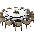 Round Wooden Dining Table With Twelve Light Colored Chairs And Green Plant Centerpiece