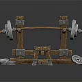 Wooden Frame Fitness Bench Press With Metal Weight Plates And Green Padded Seat