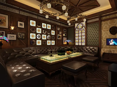 Vintage KTV Interior Design With Wooden Decor Leather Sofas Chandeliers And Stained Glass Windows 3d model