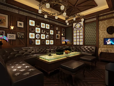 Vintage KTV Interior Design With Wooden Decor Leather Sofas Chandeliers And Stained Glass Windows 3d model