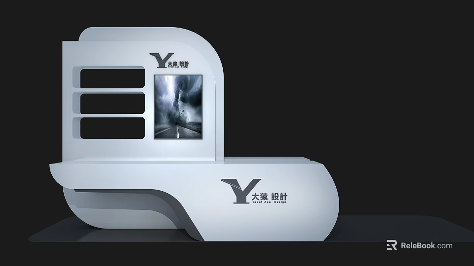 White Curved Exhibition Stand With Taiji Design Logo Digital Screen And Scenic 3d model 