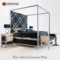 Elegant Modern Bedroom Interior With Canopy Bed Dark Geometric Headboard And White Nightstands