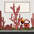Red Cactus Bonsai Plants With Cartoon Figurine And Decorative Indoor