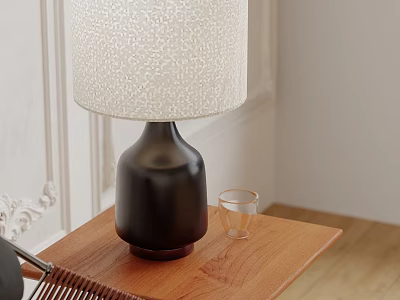 Black Base Table Lamp With White Textured Shade On Wooden Table And Small Glass Cup 3d model