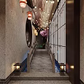 Japanese Style Corridor With Bamboo Screens Lanterns Stone Steps And Water Feature
