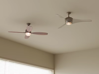 Two Modern Ceiling Fan Lights With Blades Installed On White Ceiling In Room With Window Blinds 3d model