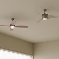 Two Modern Ceiling Fan Lights With Blades Installed On White Ceiling In Room With Window Blinds