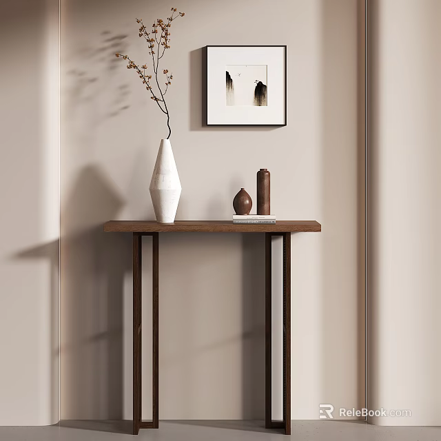 Minimalist Modern Wooden Console Table With White Vase Decorative Items And Wall Art 3d model 