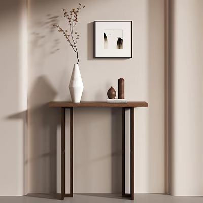 Minimalist Modern Wooden Console Table With White Vase Decorative Items And Wall Art 3d model