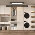 Modern Laundry Room Interior With Built In Stacked Washing Machines Hanging Clothes And Storage