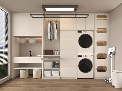 Modern Laundry Room Interior With Built In Stacked Washing Machines Hanging Clothes And Storage 3d model