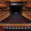 Modern Theater Auditorium Interior With Wooden Tiers Blue Seats And Ceiling Lighting