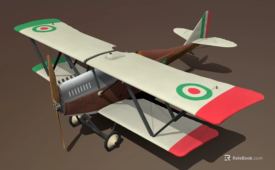 Vintage Biplane Model Featuring White Brown Body Red Wing Tips Green Circular Emblems And Propeller 3d model 