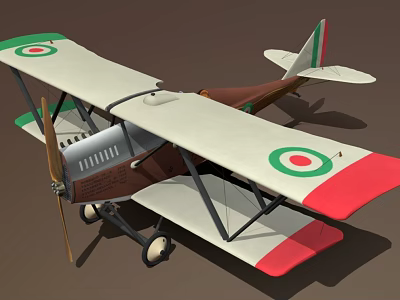 Vintage Biplane Model Featuring White Brown Body Red Wing Tips Green Circular Emblems And Propeller 3d model