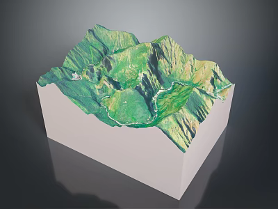 3D Mountain Landscape Model Featuring Green Hills Rolling Contours and River Path on White Base 3d model