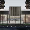 Contemporary Sales Office Building Exterior With Evening Lighting And Surrounding High Rise Buildings